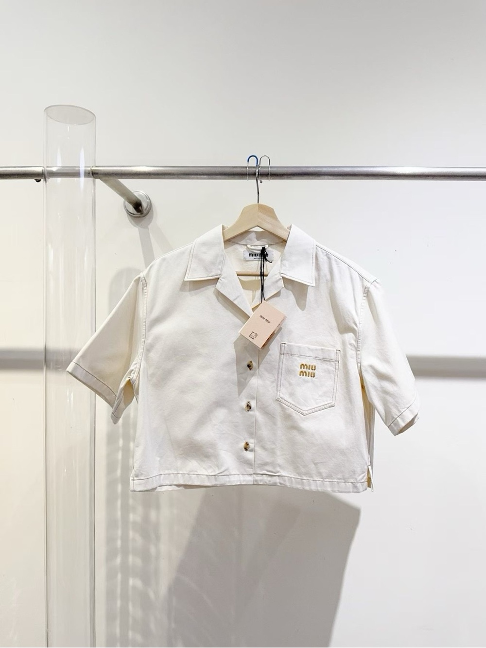 Miu Miu Cream Short Cropped Button-Up Shirt